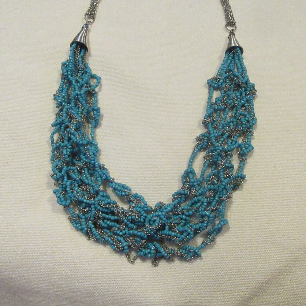 New Turquoise seed bead and silver link chain multi strand adjustable necklace